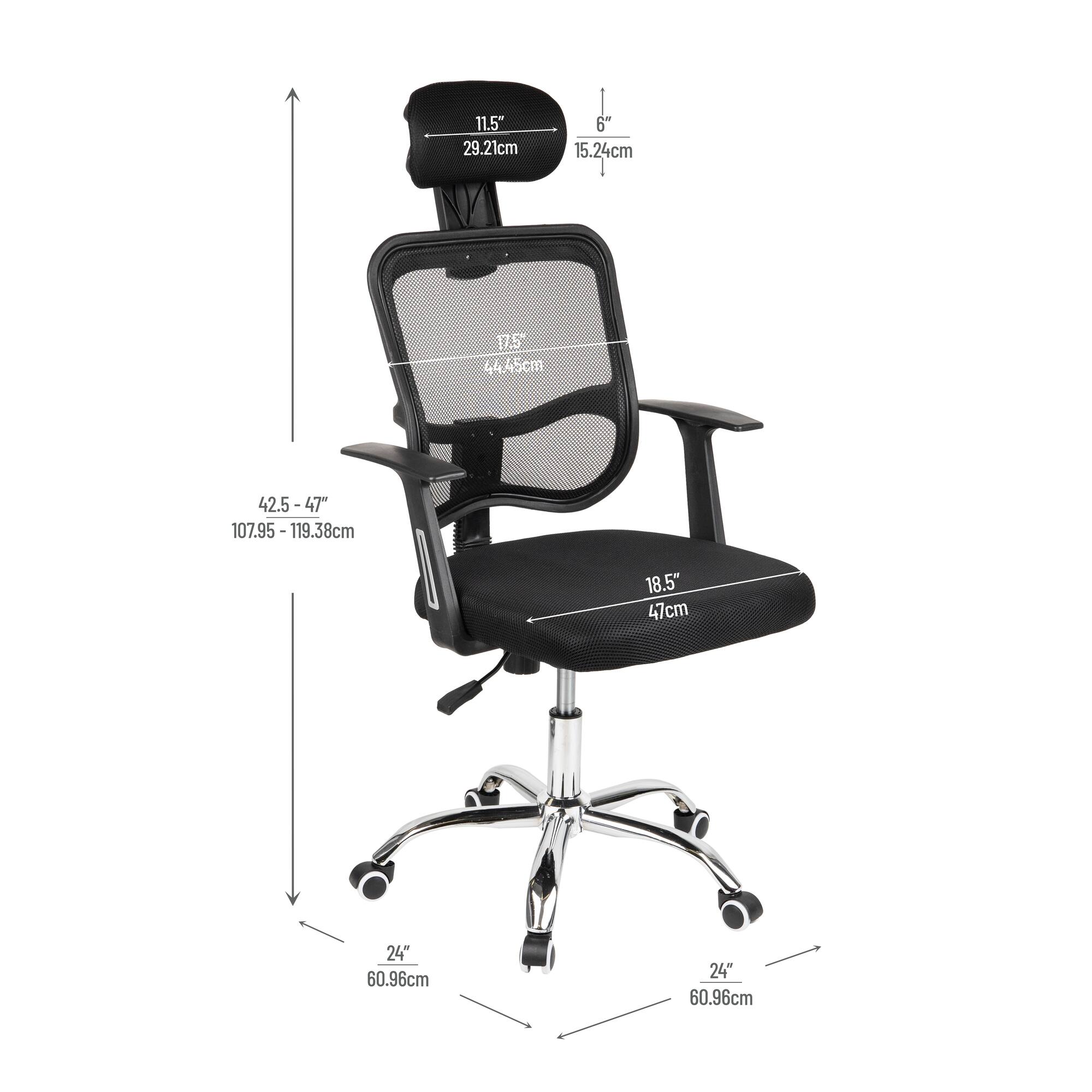 Mind Reader Office Chair with Wheels, Height Adjustable, Desk Chair, Office, 24"L x 24"W x 42.5-47"H, Black